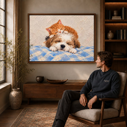sleepy kitten puppy canvas art in a walnut frame above a console beside a seated man.