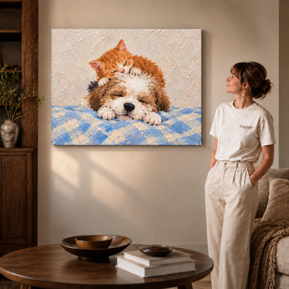 sleepy kitten puppy canvas art on gallery-wrapped canvas with visible edge depth beside a standing woman.