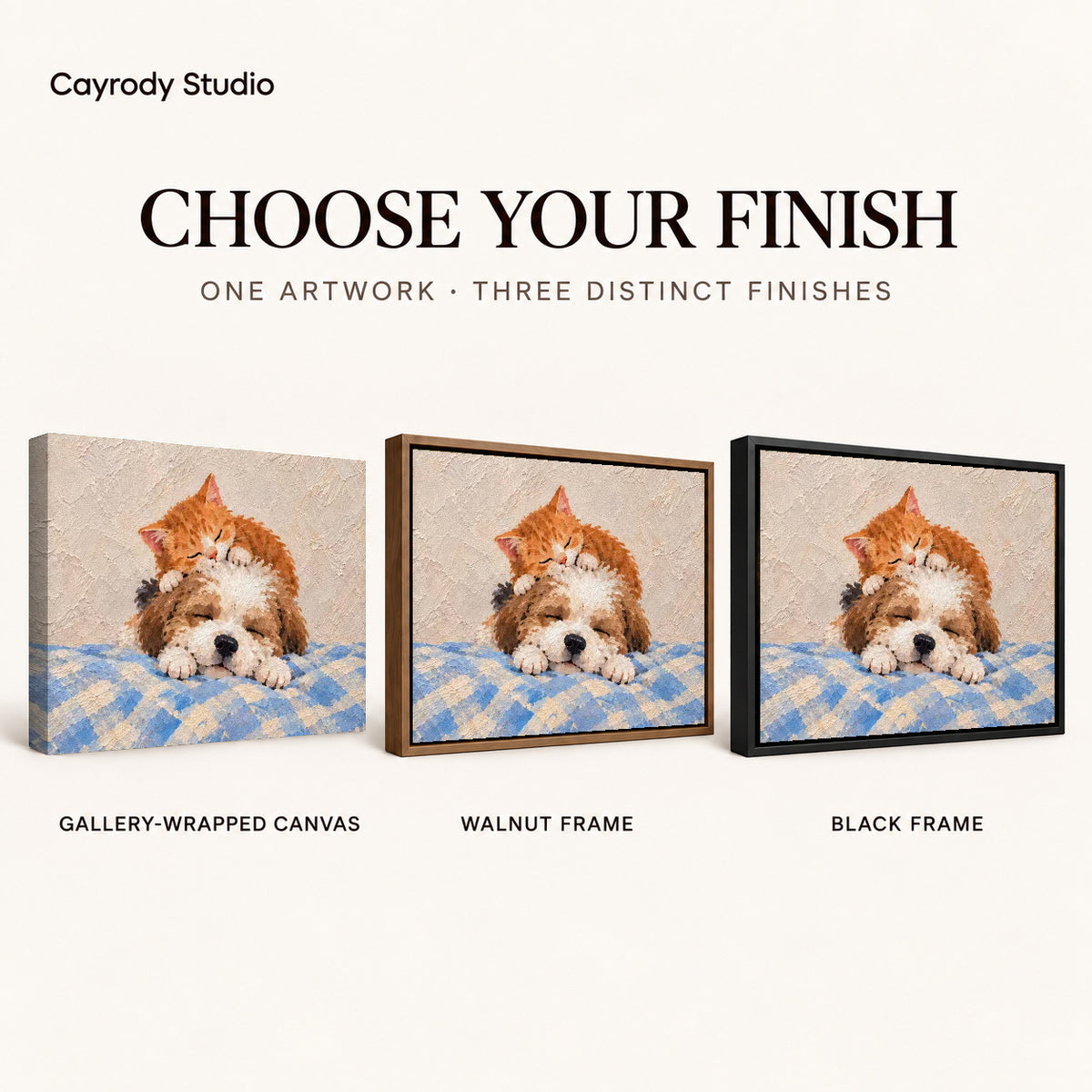 sleepy kitten puppy canvas art compared across gallery-wrapped canvas, walnut frame, and black frame finishes.