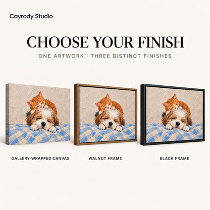 sleepy kitten puppy canvas art compared across gallery-wrapped canvas, walnut frame, and black frame finishes.
