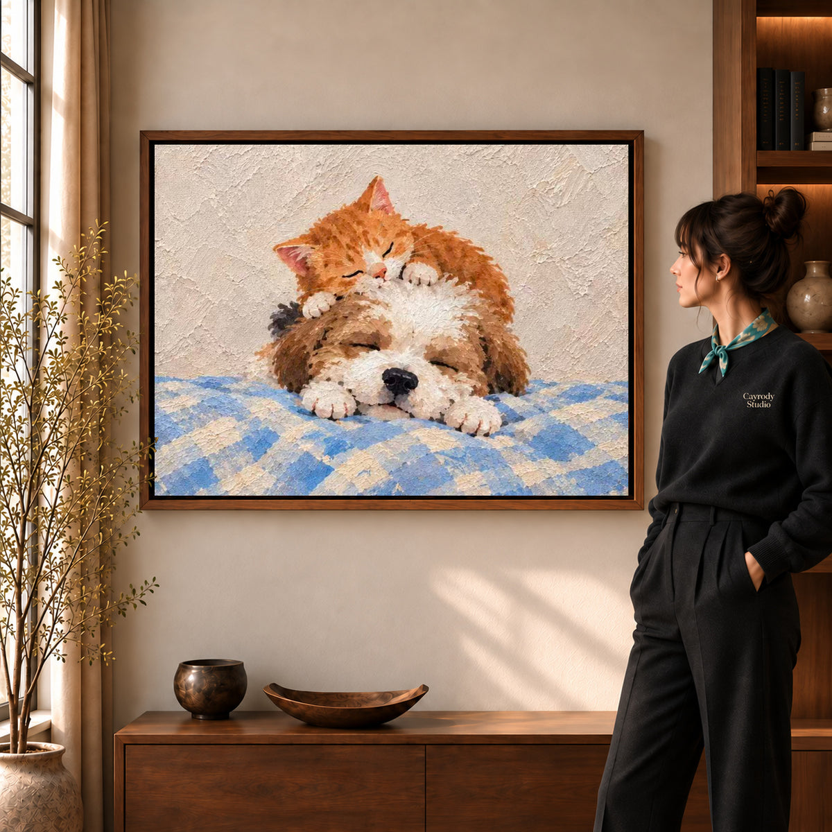 sleepy kitten puppy canvas art shown in the walnut frame option within a warm living room.