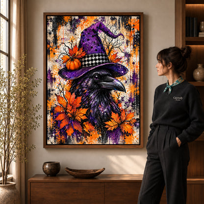 purple hat raven canvas art in a walnut frame beside a standing woman and wooden console.
