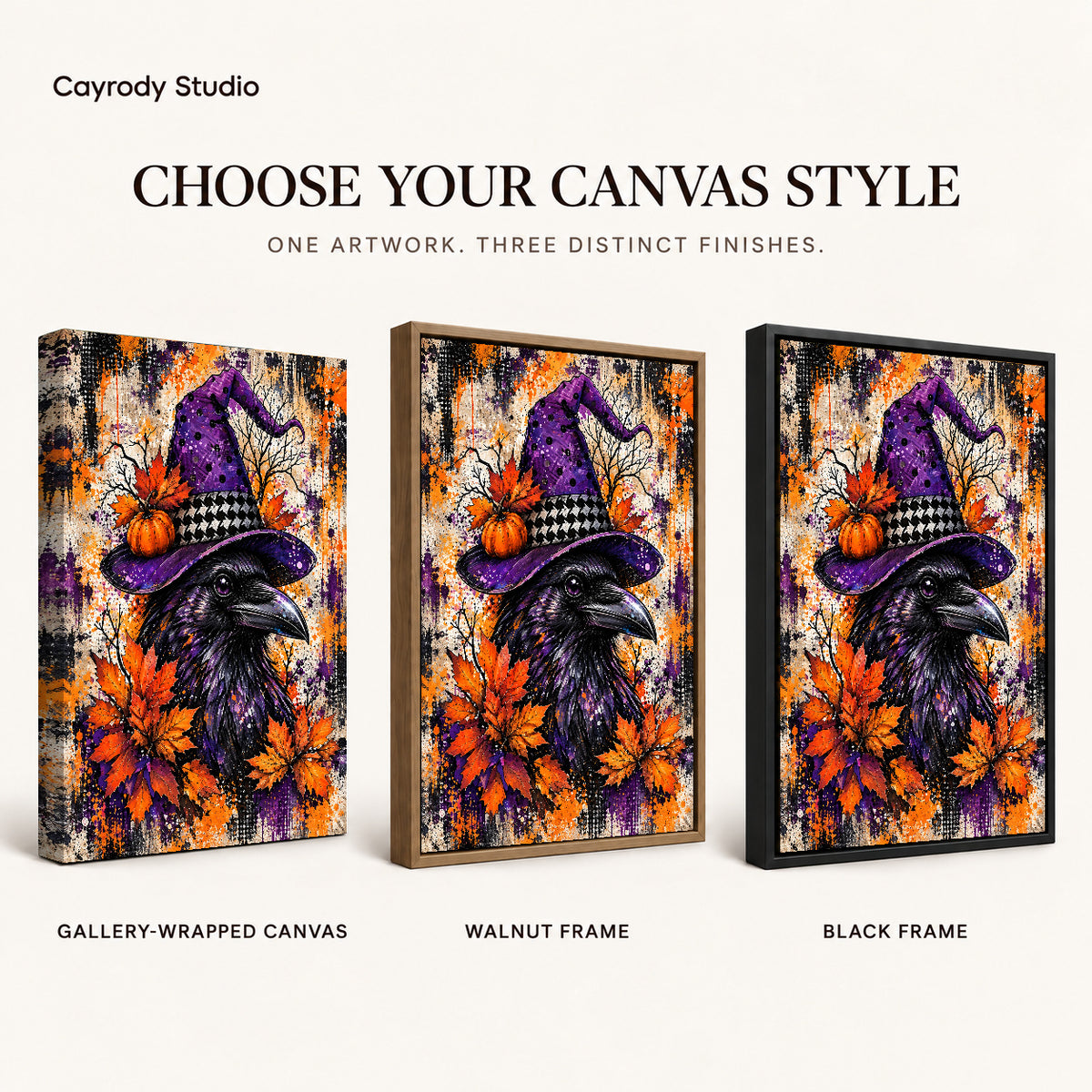 purple hat raven canvas art compared across gallery-wrapped canvas, walnut frame, and black frame finishes.
