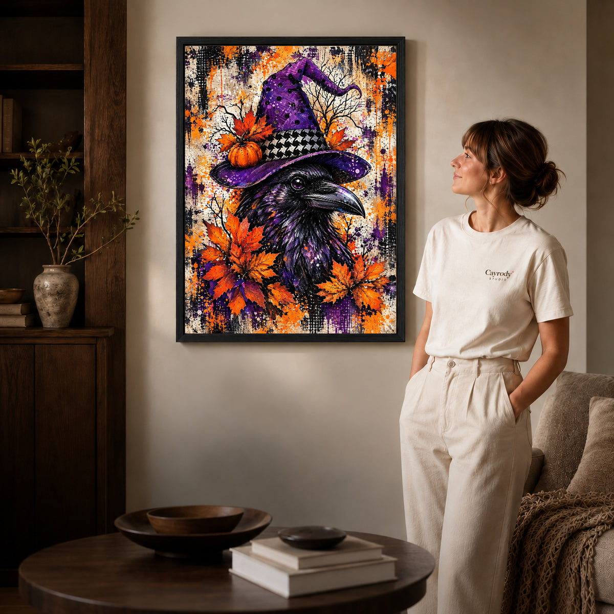 purple hat raven canvas art shown in the black frame option against a softly lit wall.