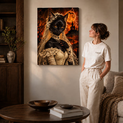gothic lace cat canvas art on gallery-wrapped canvas with natural edge shading beside a standing woman.