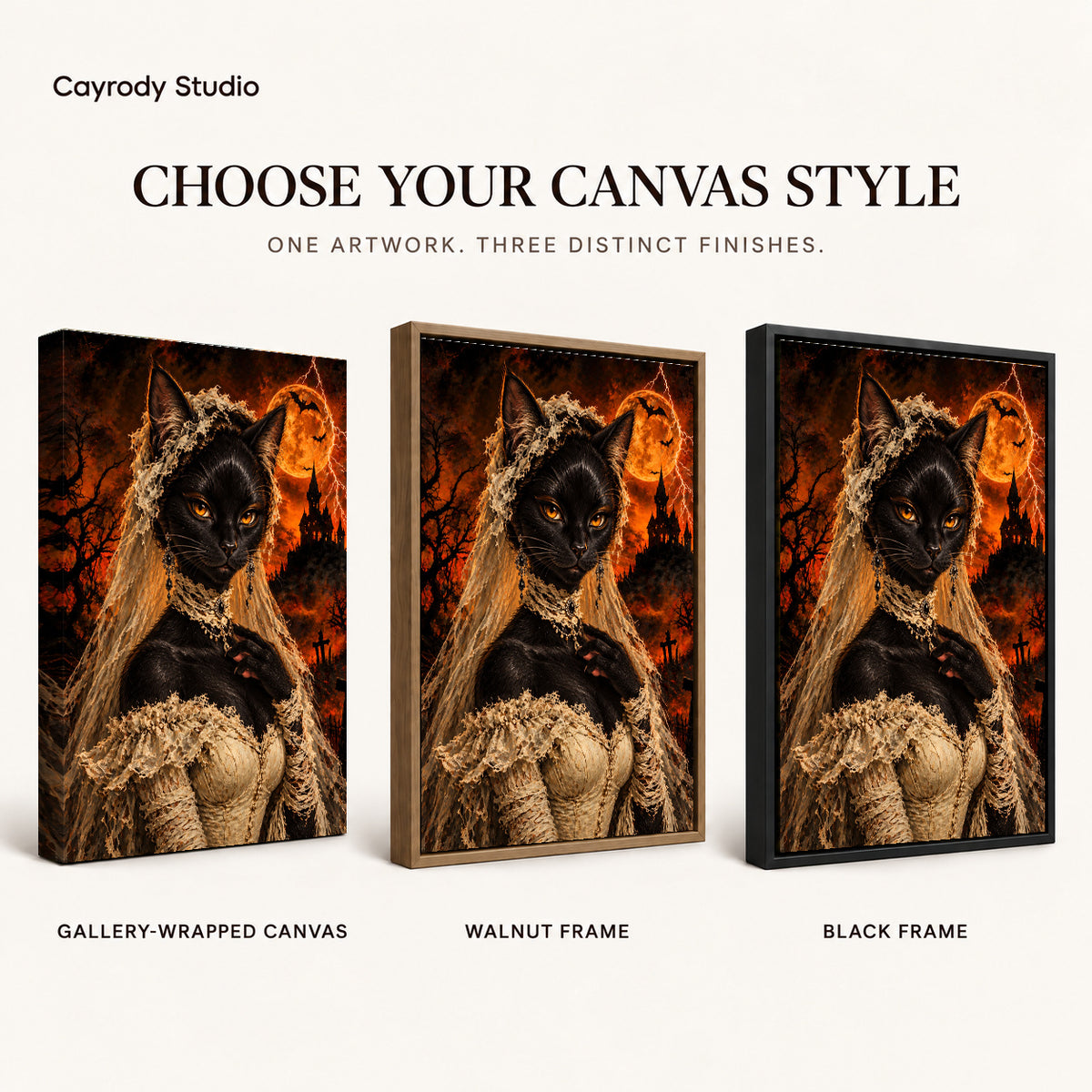 gothic lace cat canvas art compared across gallery-wrapped canvas, walnut frame, and black frame finishes.