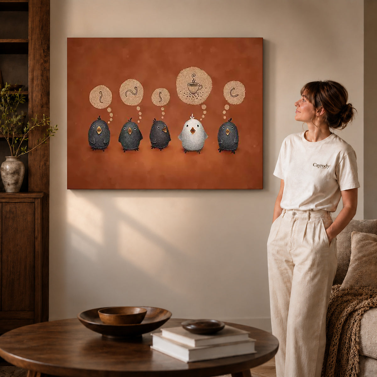 coffee dreaming birds canvas art on gallery-wrapped canvas with visible edge depth beside a standing woman.