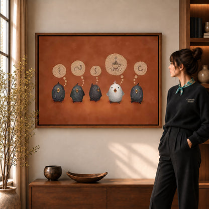 coffee dreaming birds canvas art shown in the walnut frame option within a warm living room.