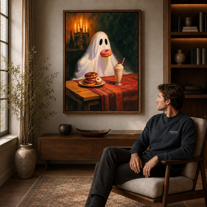 sweet treat ghost canvas art in a walnut frame above a console beside a seated man.