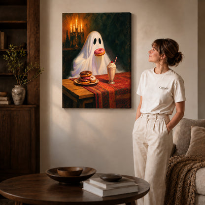 sweet treat ghost canvas art on gallery-wrapped canvas with natural edge shading beside a standing woman.