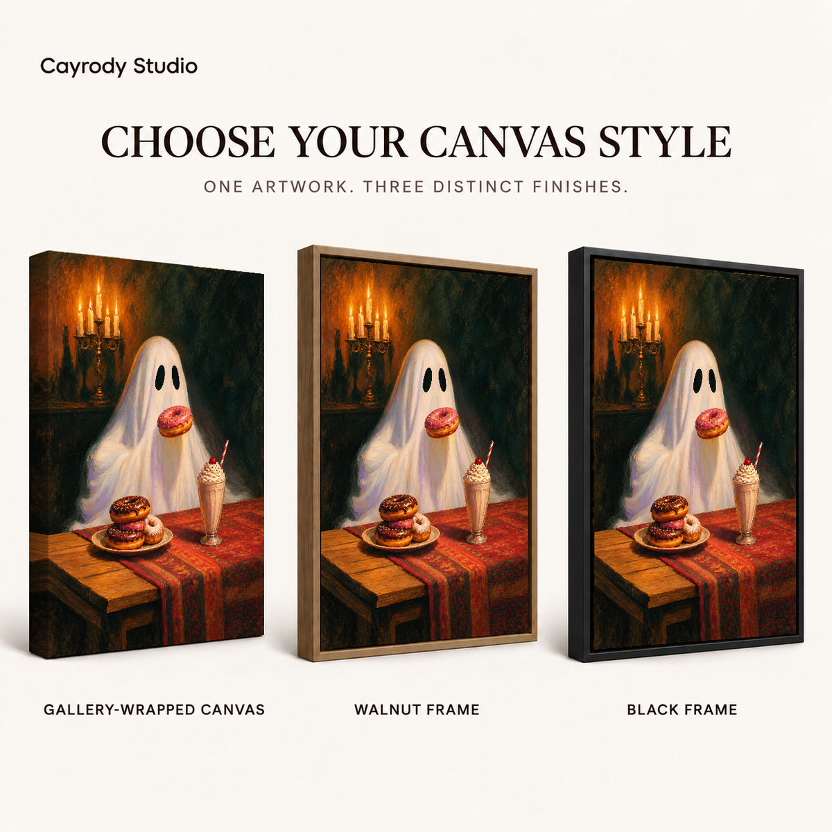 sweet treat ghost canvas art compared across gallery-wrapped canvas, walnut frame, and black frame finishes.