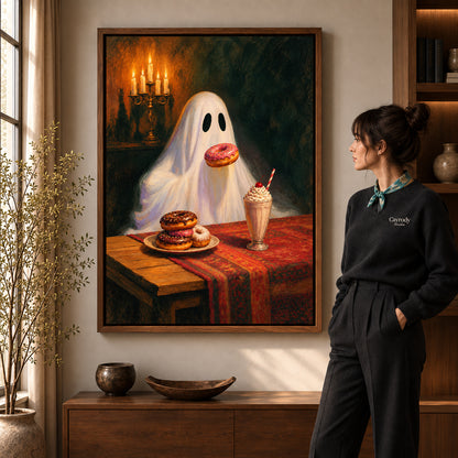 sweet treat ghost canvas art shown in the walnut frame option within a warm living room.