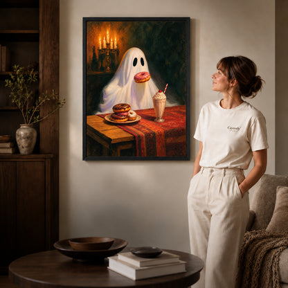 sweet treat ghost canvas art shown in the black frame option against a softly lit wall.