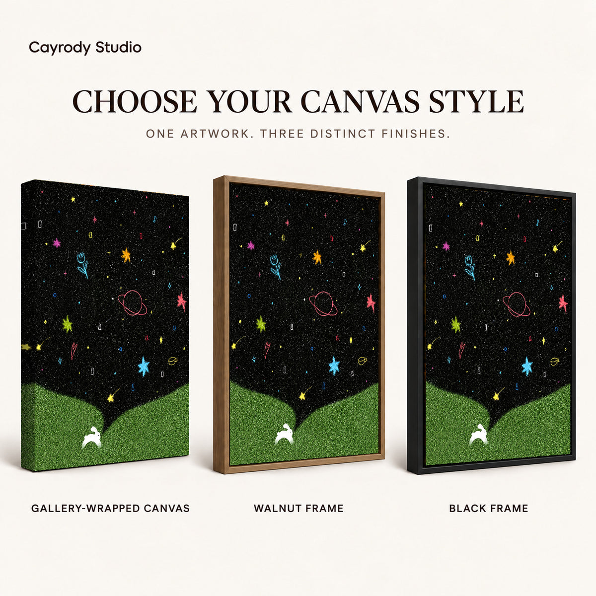 starry rabbit wonderland canvas art compared across gallery-wrapped canvas, walnut frame, and black frame finishes.