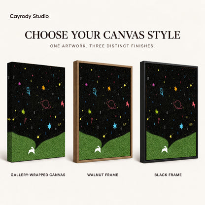 starry rabbit wonderland canvas art compared across gallery-wrapped canvas, walnut frame, and black frame finishes.