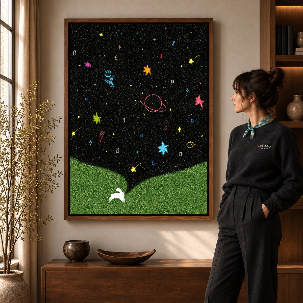 starry rabbit wonderland canvas art shown in the walnut frame option within a warm living room.