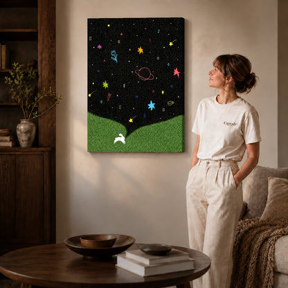starry rabbit wonderland canvas art shown in the gallery-wrapped option with visible depth and warm surroundings.