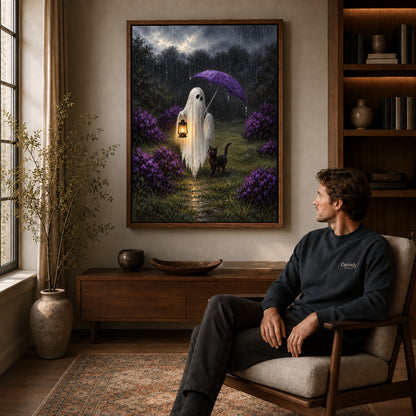 rainy ghost cat companions canvas art in a walnut frame above a console beside a seated man.