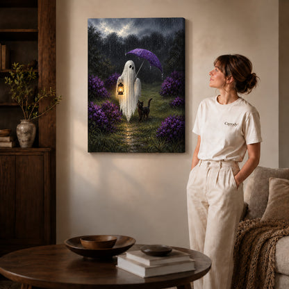rainy ghost cat companions canvas art on gallery-wrapped canvas with natural edge shading beside a standing woman.