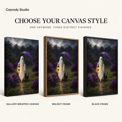 rainy ghost cat companions canvas art compared across gallery-wrapped canvas, walnut frame, and black frame finishes.