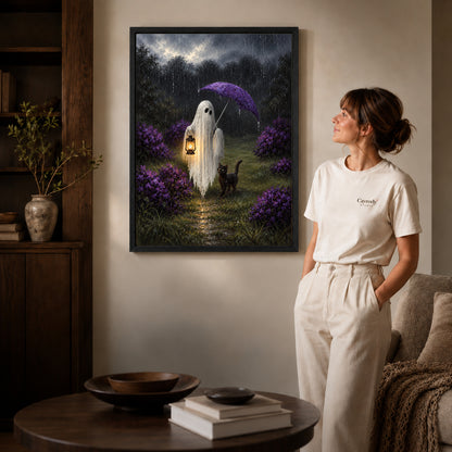 rainy ghost cat companions canvas art shown in the black frame option against a softly lit wall.