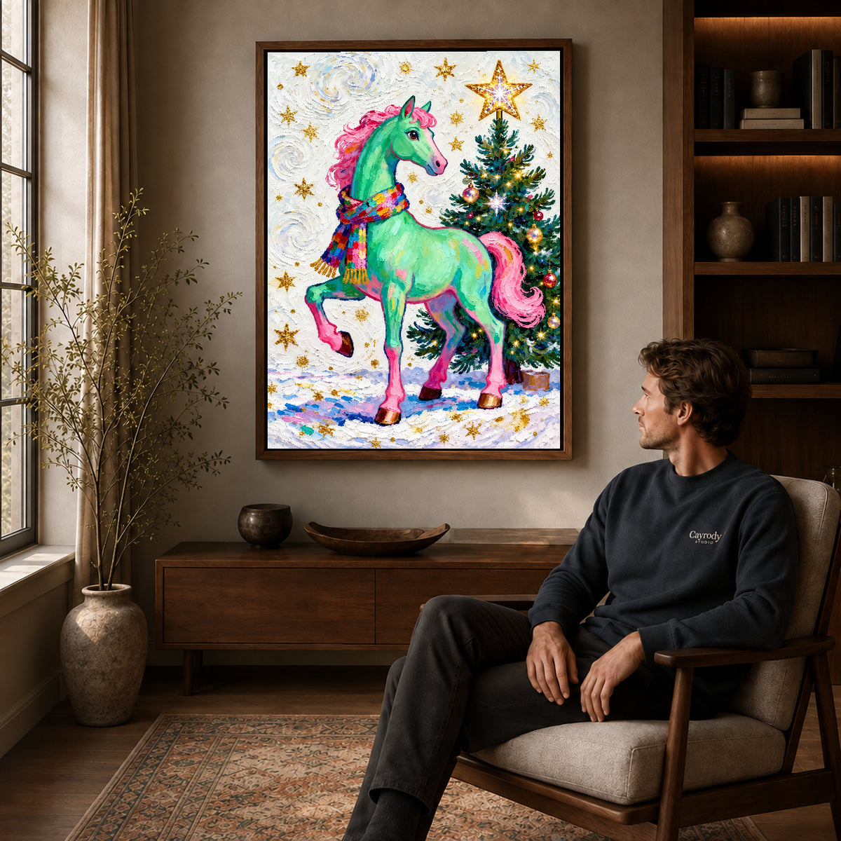 festive green horse canvas art in a walnut frame above a console beside a seated man.