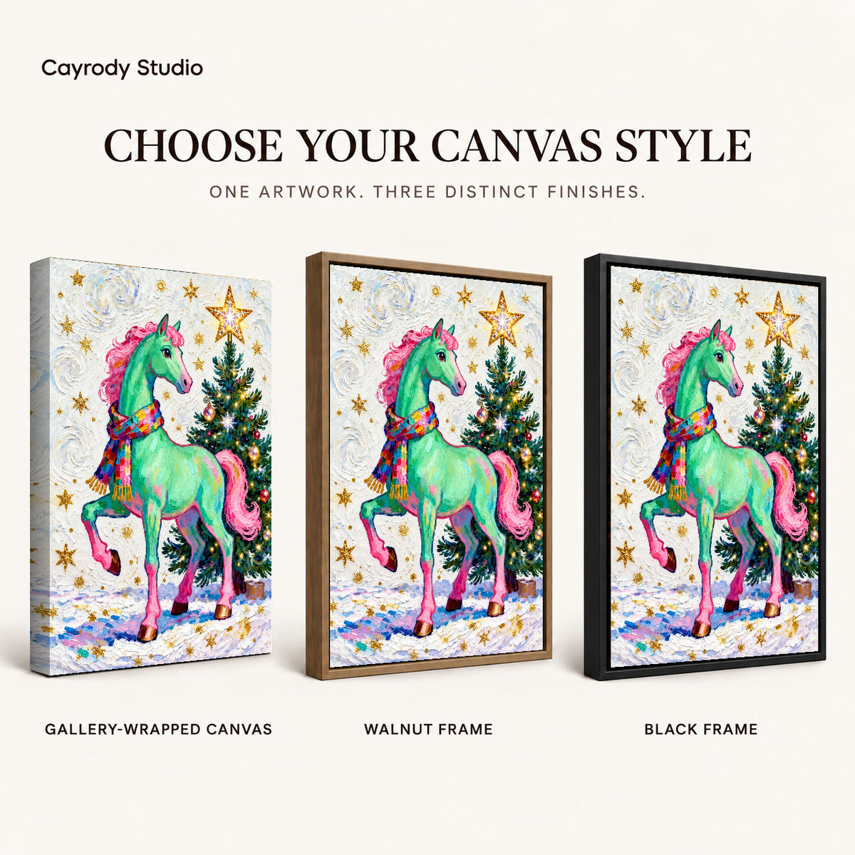 festive green horse canvas art compared across gallery-wrapped canvas, walnut frame, and black frame finishes.