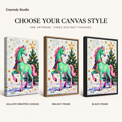 festive green horse canvas art compared across gallery-wrapped canvas, walnut frame, and black frame finishes.