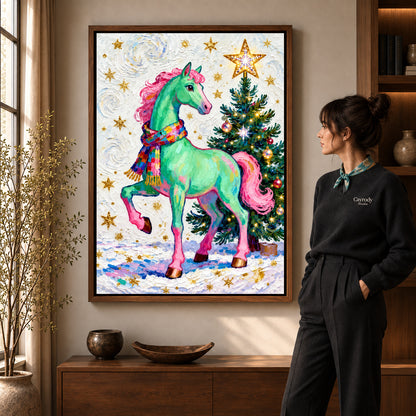 festive green horse canvas art shown in the walnut frame option within a warm living room.