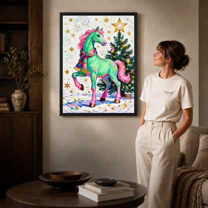 festive green horse canvas art shown in the black frame option against a softly lit wall.
