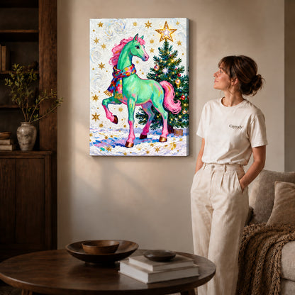 festive green horse canvas art shown in the gallery-wrapped option with visible depth and warm surroundings.