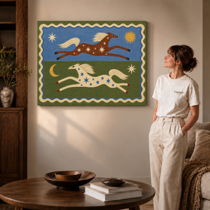 celestial folk horses canvas art on gallery-wrapped canvas with visible edge depth beside a standing woman.