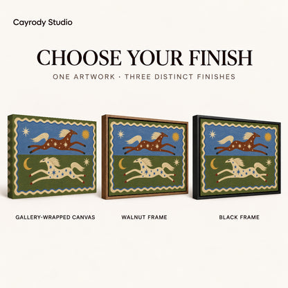 celestial folk horses canvas art compared across gallery-wrapped canvas, walnut frame, and black frame finishes.