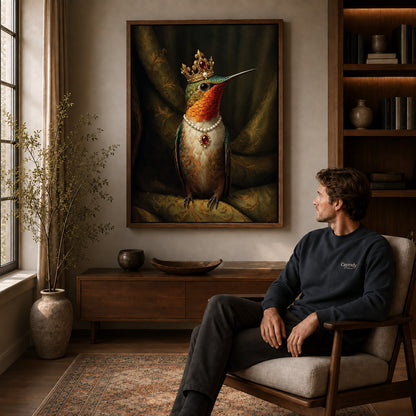 regal hummingbird portrait canvas art in a walnut frame above a console beside a seated man.