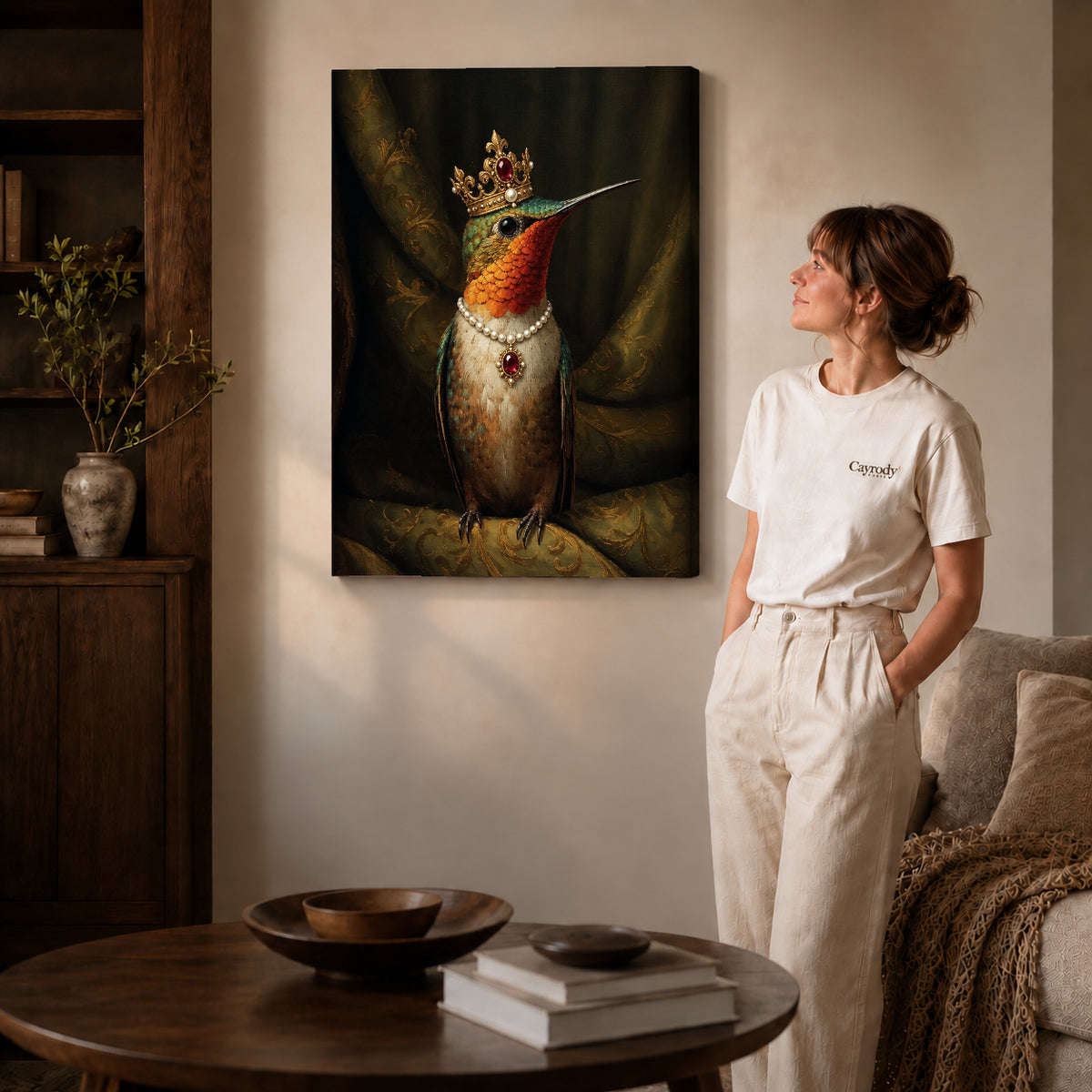 regal hummingbird portrait canvas art on gallery-wrapped canvas with natural edge shading beside a standing woman.
