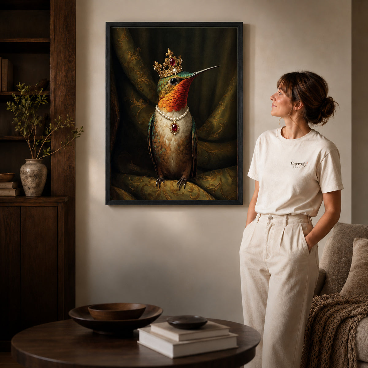 regal hummingbird portrait canvas art in a black frame beside a woman and round wooden table.