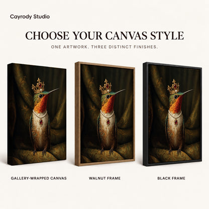 regal hummingbird portrait canvas art compared across gallery-wrapped canvas, walnut frame, and black frame finishes.