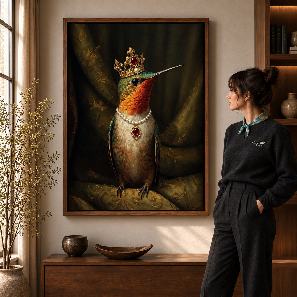 regal hummingbird portrait canvas art shown in the walnut frame option within a warm living room.