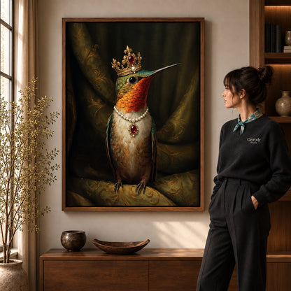 regal hummingbird portrait canvas art shown in the walnut frame option within a warm living room.