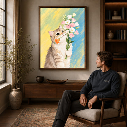 sweet kitten bouquet canvas art in a walnut frame above a console beside a seated man.