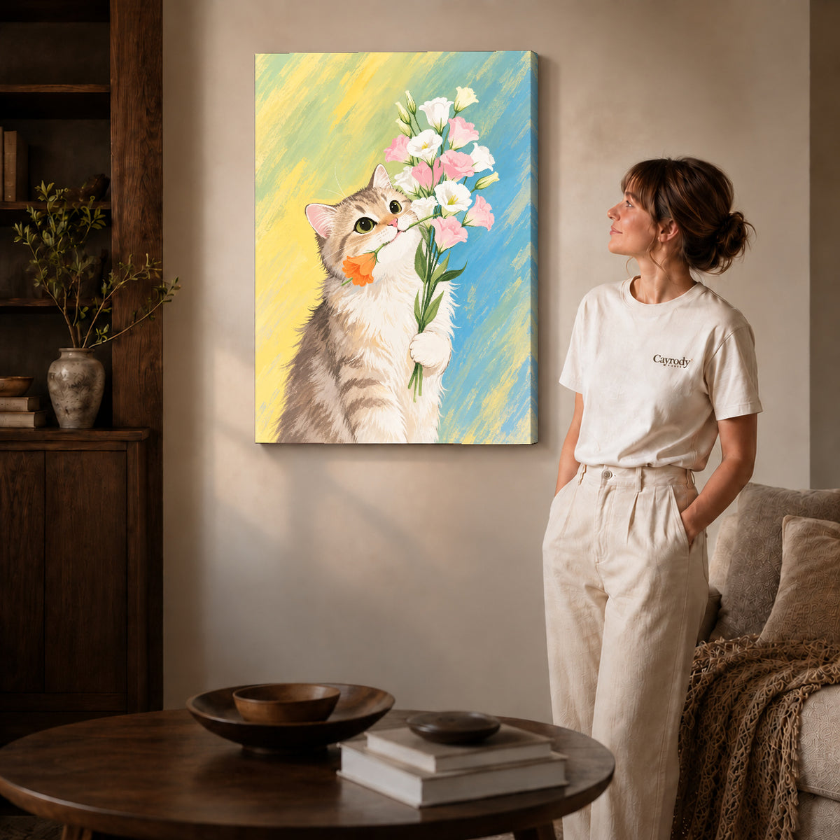sweet kitten bouquet canvas art on gallery-wrapped canvas with natural edge shading beside a standing woman.