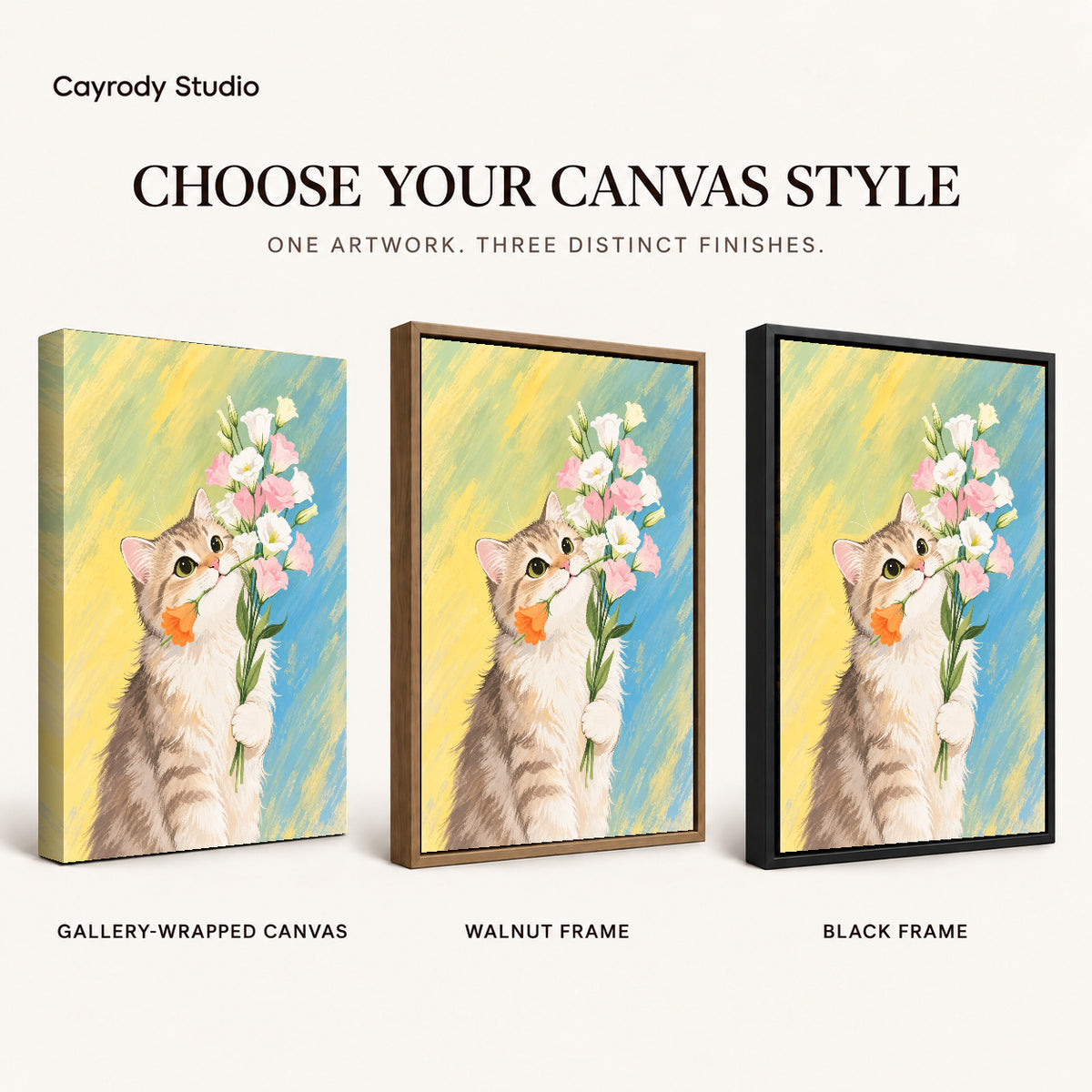sweet kitten bouquet canvas art compared across gallery-wrapped canvas, walnut frame, and black frame finishes.