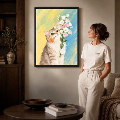 sweet kitten bouquet canvas art shown in the black frame option against a softly lit wall.