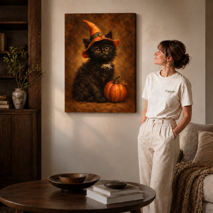 autumn witch kitten canvas art on gallery-wrapped canvas with natural edge shading beside a standing woman.