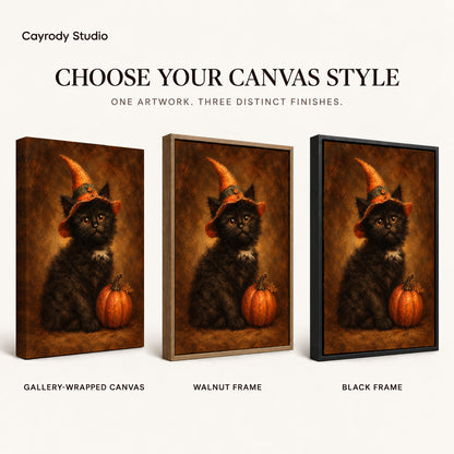 autumn witch kitten canvas art compared across gallery-wrapped canvas, walnut frame, and black frame finishes.