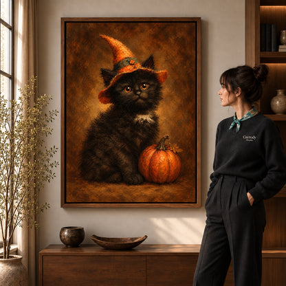 autumn witch kitten canvas art shown in the walnut frame option within a warm living room.