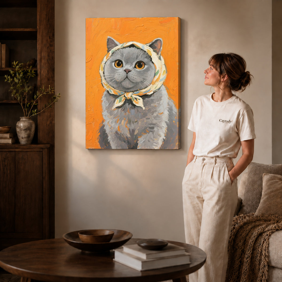 scarf wearing kitten canvas art on gallery-wrapped canvas with natural edge shading beside a standing woman.