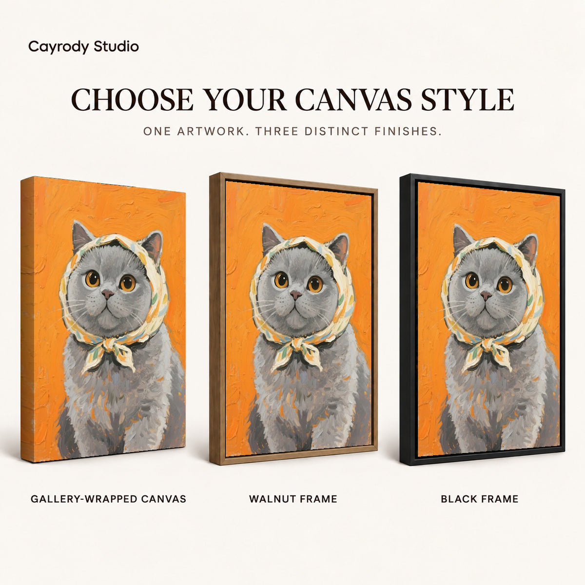 scarf wearing kitten canvas art compared across gallery-wrapped canvas, walnut frame, and black frame finishes.