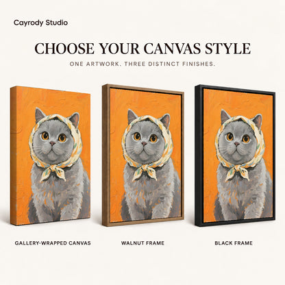 scarf wearing kitten canvas art compared across gallery-wrapped canvas, walnut frame, and black frame finishes.