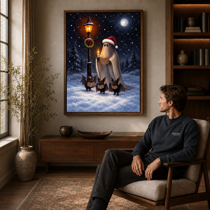 festive ghost choir canvas art in a walnut frame above a console beside a seated man.